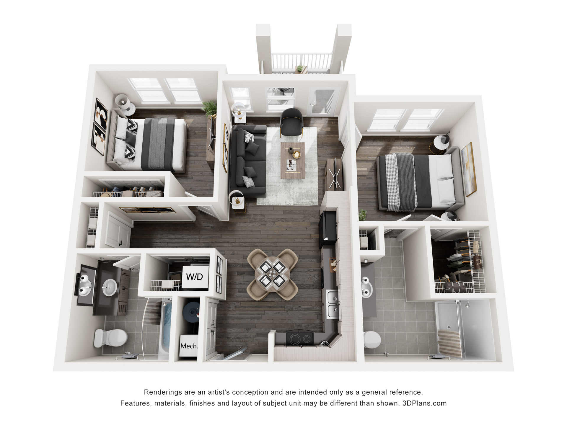 Floor plan for 2 beds, 2 baths, 925 sqft